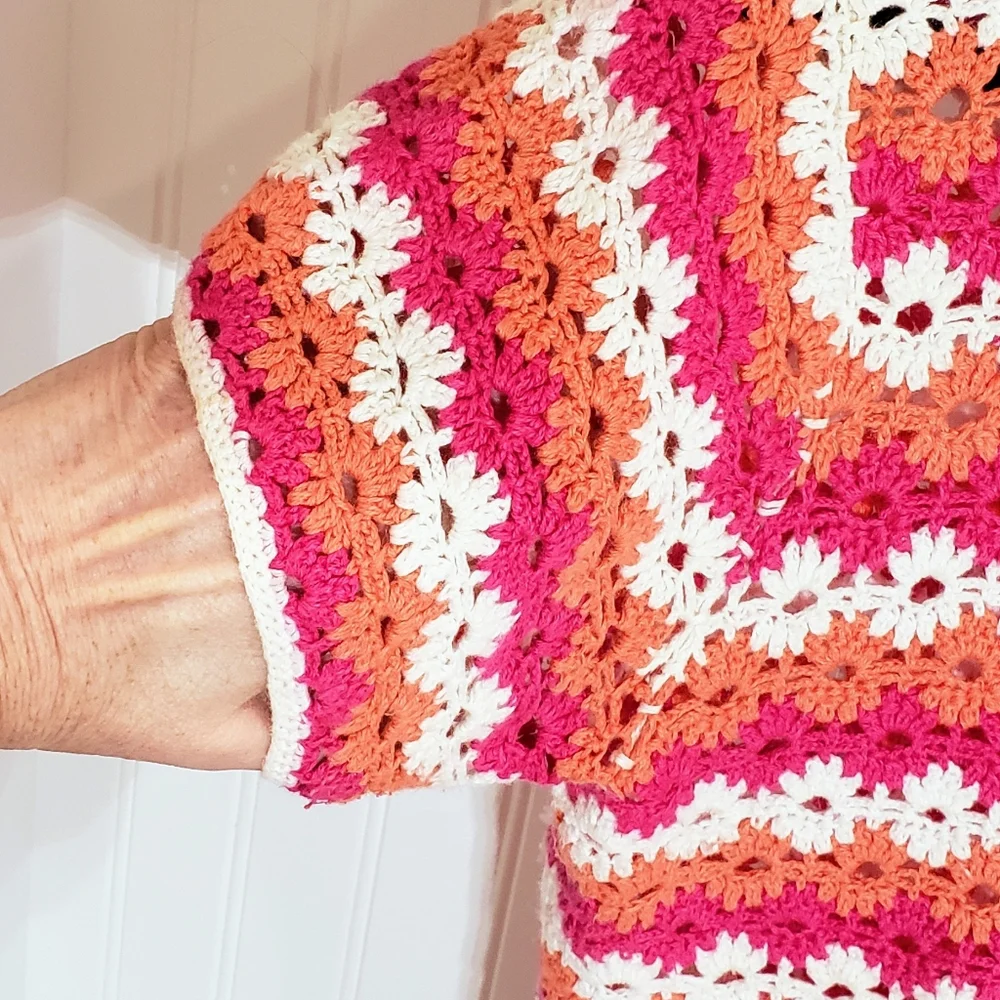 Crochet Button-Down Short Sleeve Shirt - Pink, Orange & White